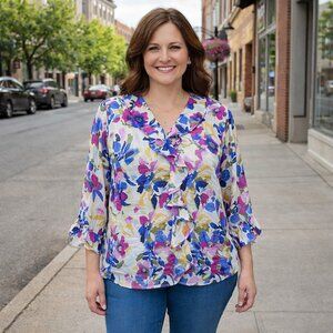 Investments Petites Womens PL Floral Blouse Riley Lined V Neck Collar Ruffle NWT